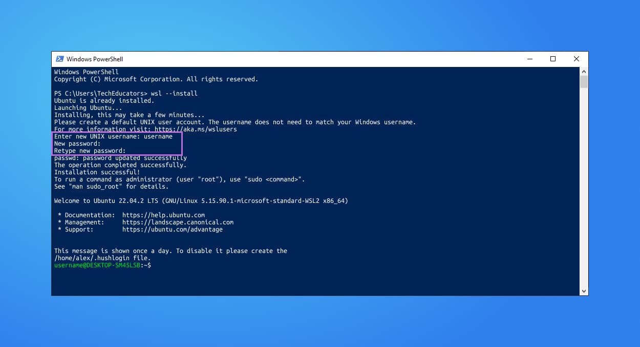 A Screenshot of Powershell displaying the output of the Ubuntu install