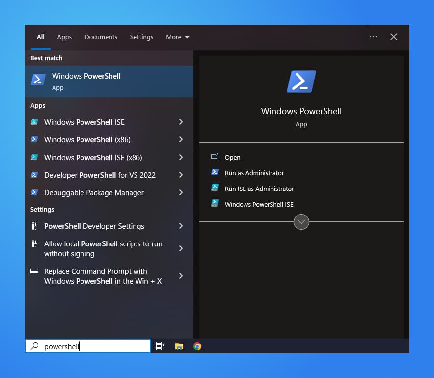 A Screenshot of the Powershell app displayed in the Windows Menu