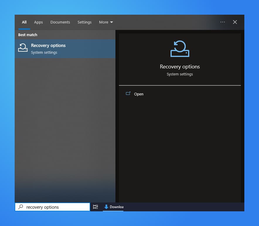 The Windows Menu showing Recovery Options
