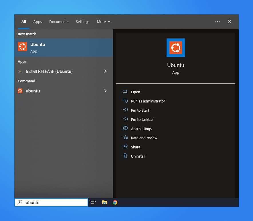 A Screenshot of the Ubuntu app displayed in the Windows Menu